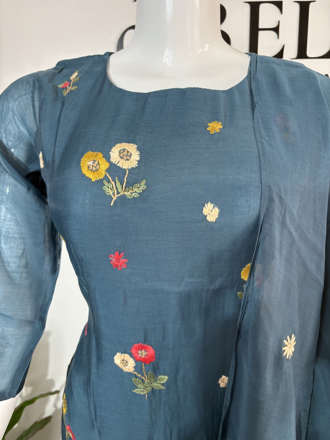 Blue Mul Chanderi Colorful Thread Embroidery