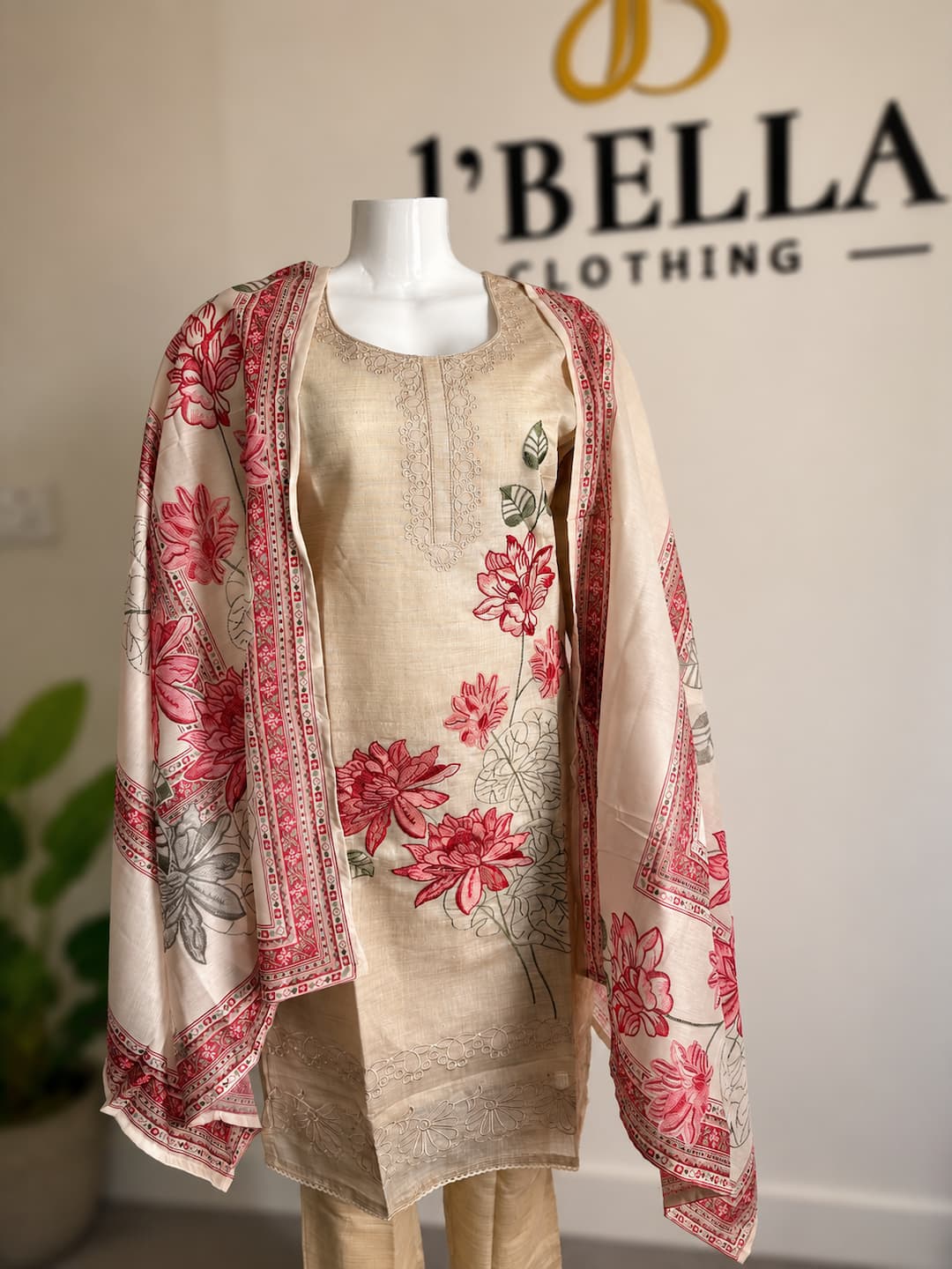 Khadi Cotton Embroidered Kurtha Set with Printed Dupatta for Women