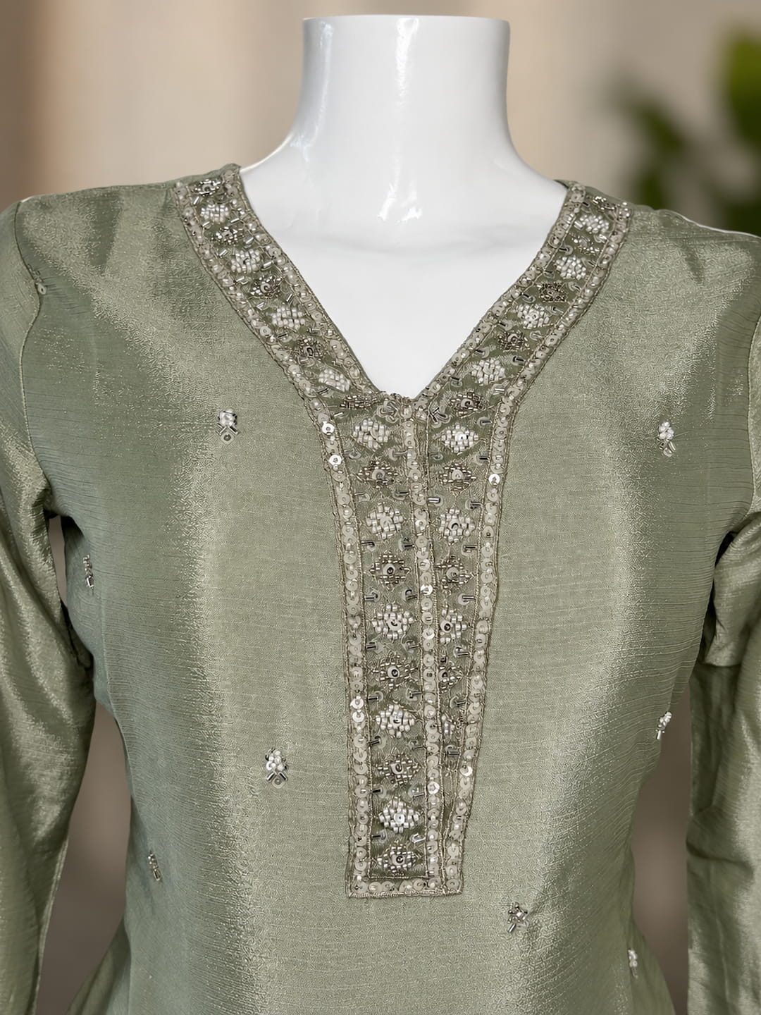 Pista Green Shimmer Silk Handwork Co-ord Set in Chinnon Fabric