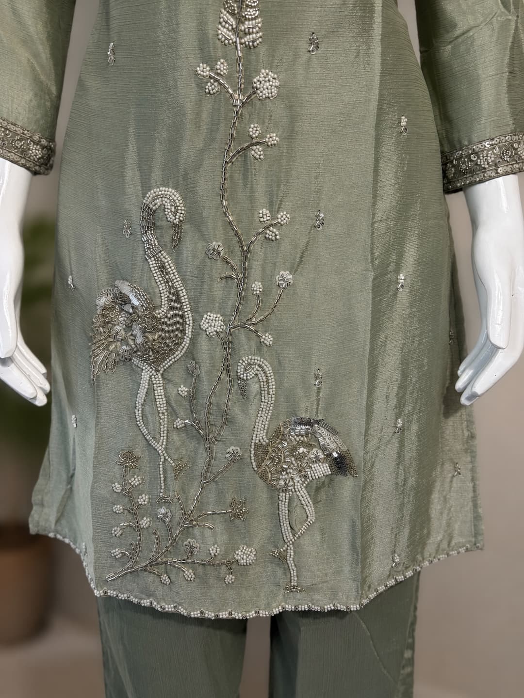 Pista Green Shimmer Silk Handwork Co-ord Set in Chinnon Fabric