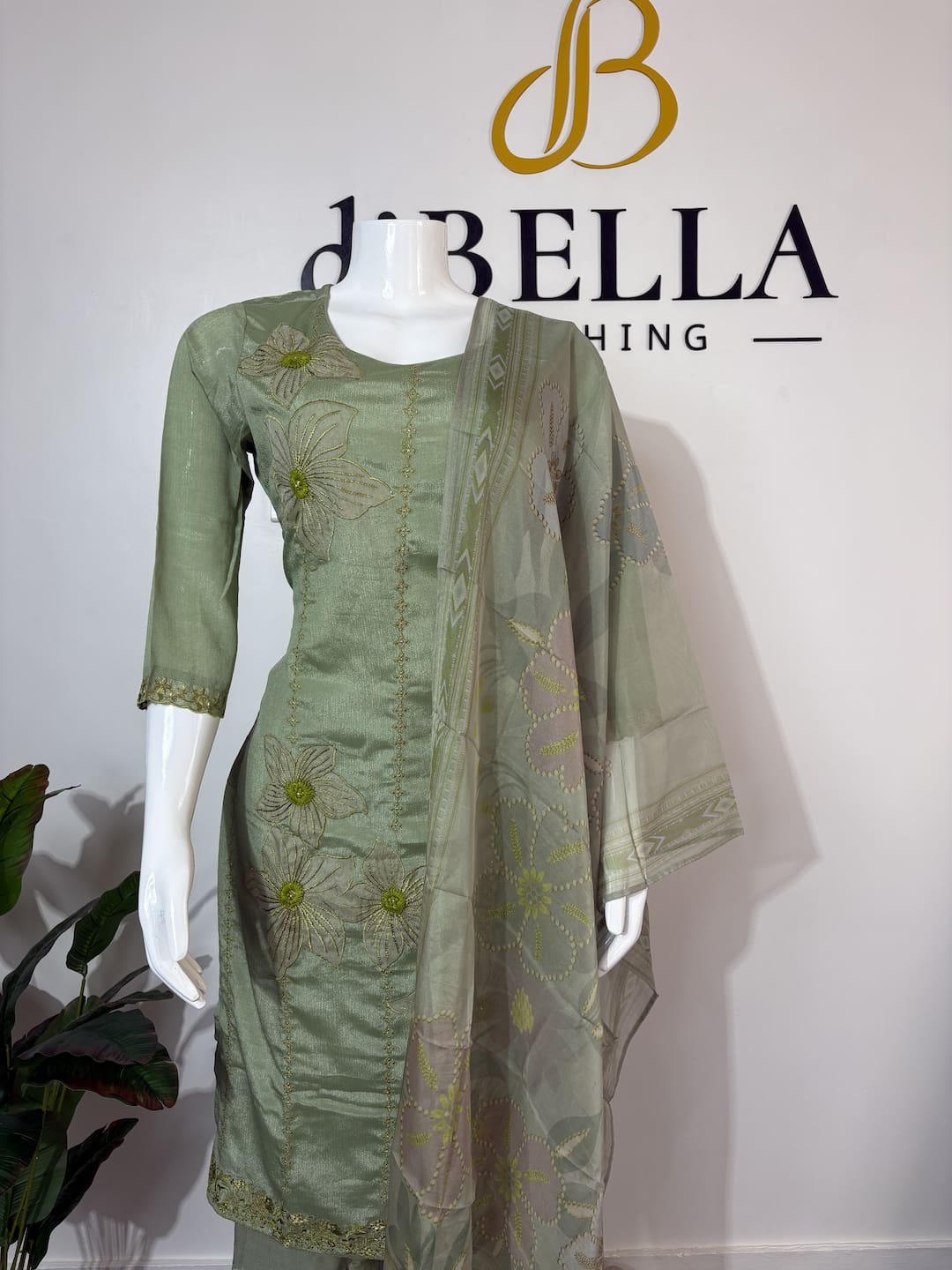 Green Russian Silk Suit Set with 3D Flower Embroidery & Soft Organza Dupatta