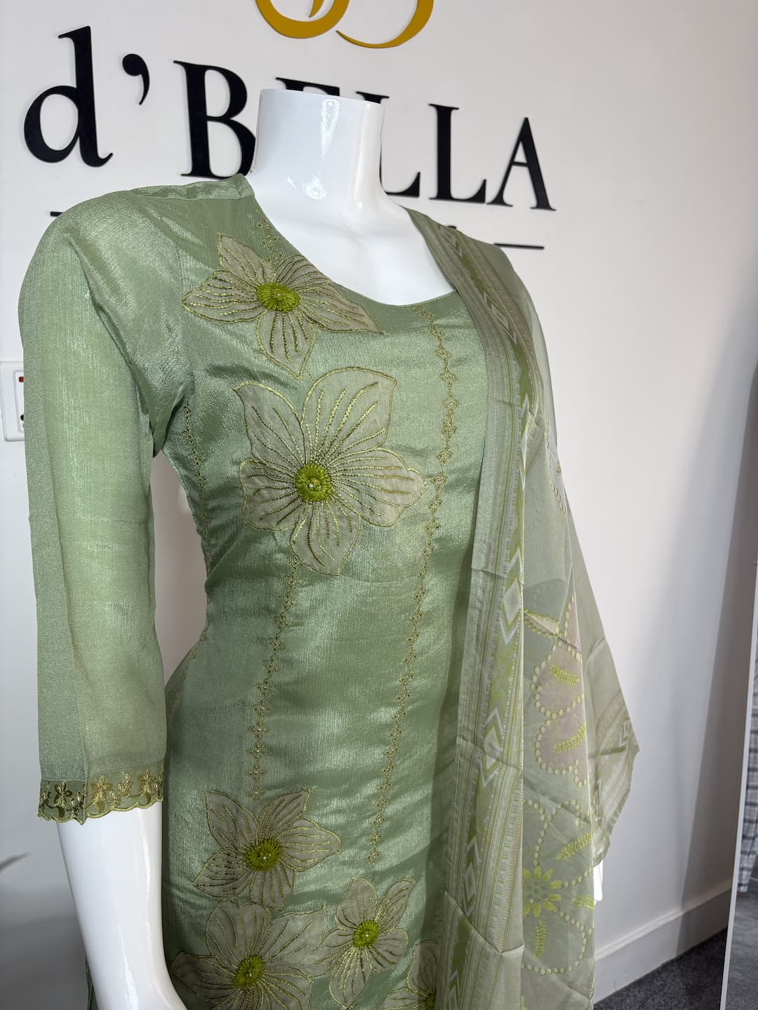 Green Russian Silk Suit Set with 3D Flower Embroidery & Soft Organza Dupatta