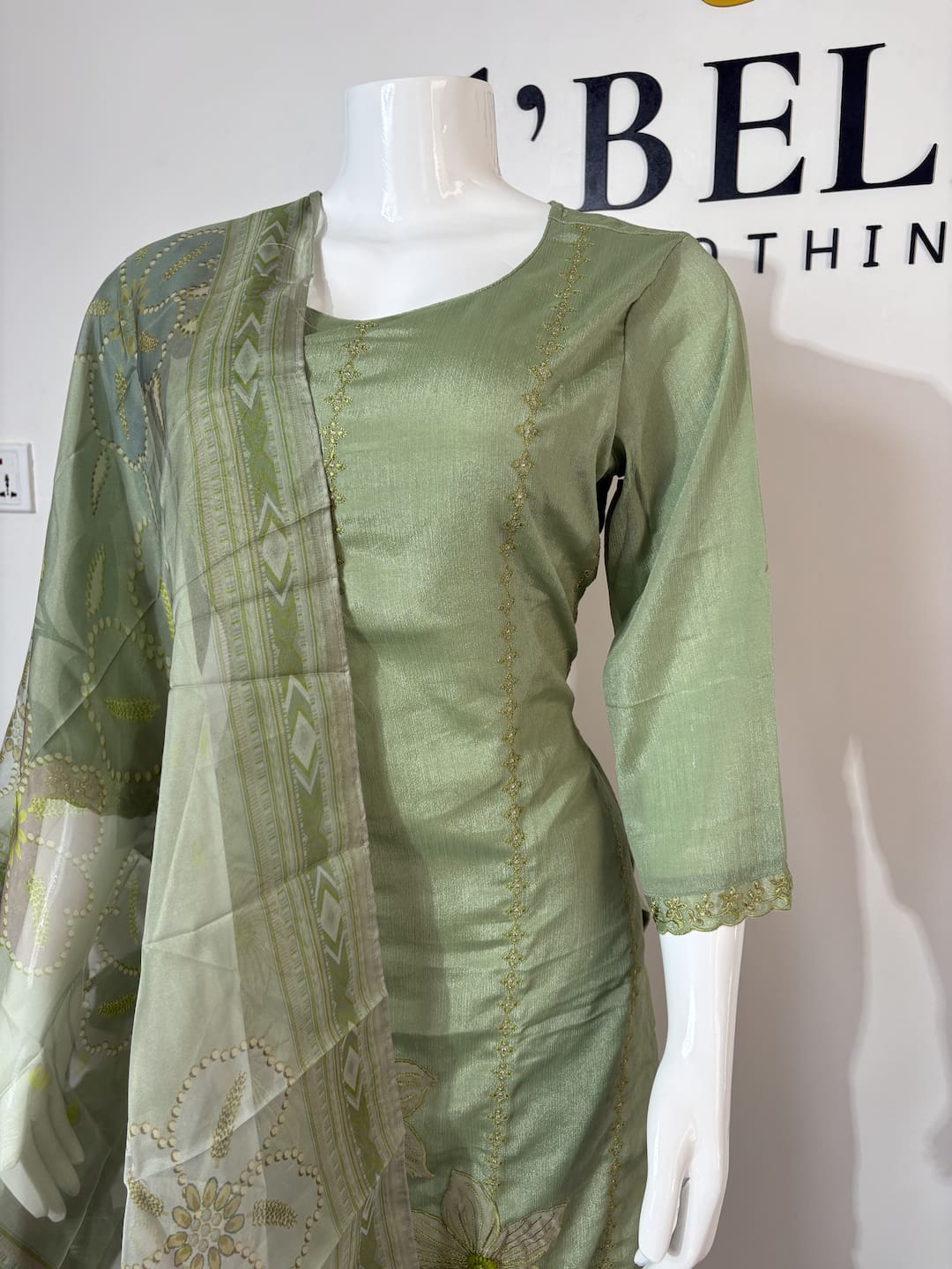Green Russian Silk Suit Set with 3D Flower Embroidery & Soft Organza Dupatta