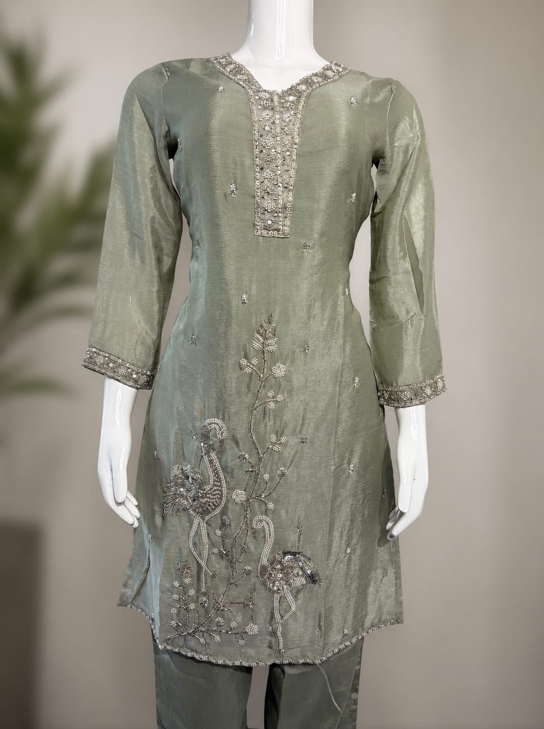 Pista Green Shimmer Silk Handwork Co-ord Set in Chinnon Fabric