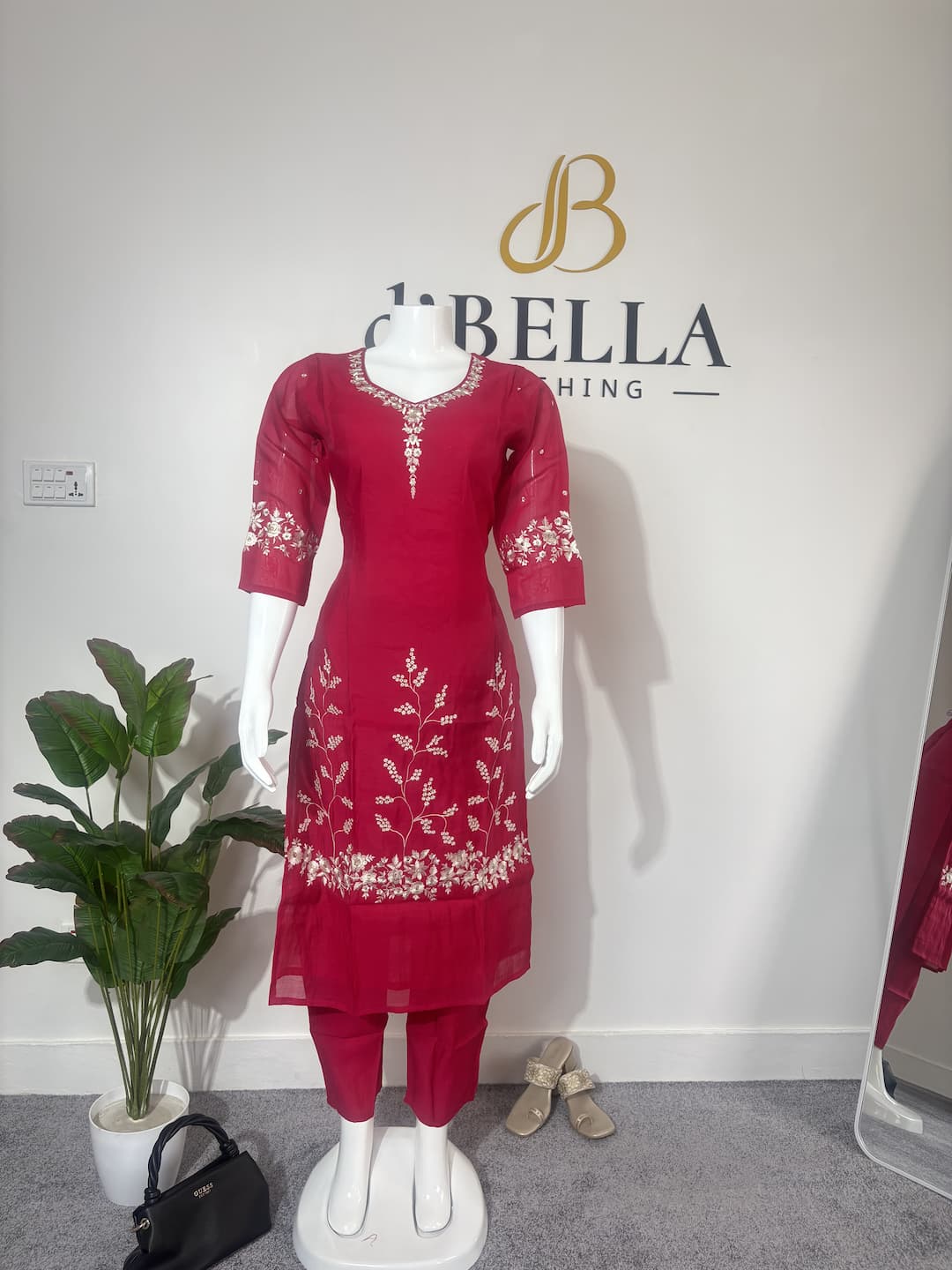 Dark Pink Mul Chanderi White Embroidery