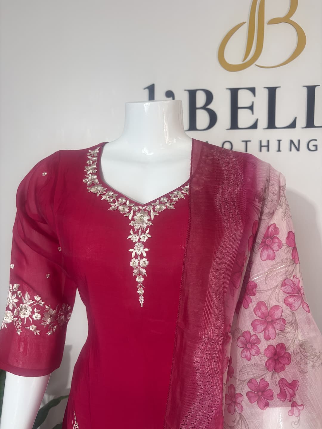 Dark Pink Mul Chanderi White Embroidery