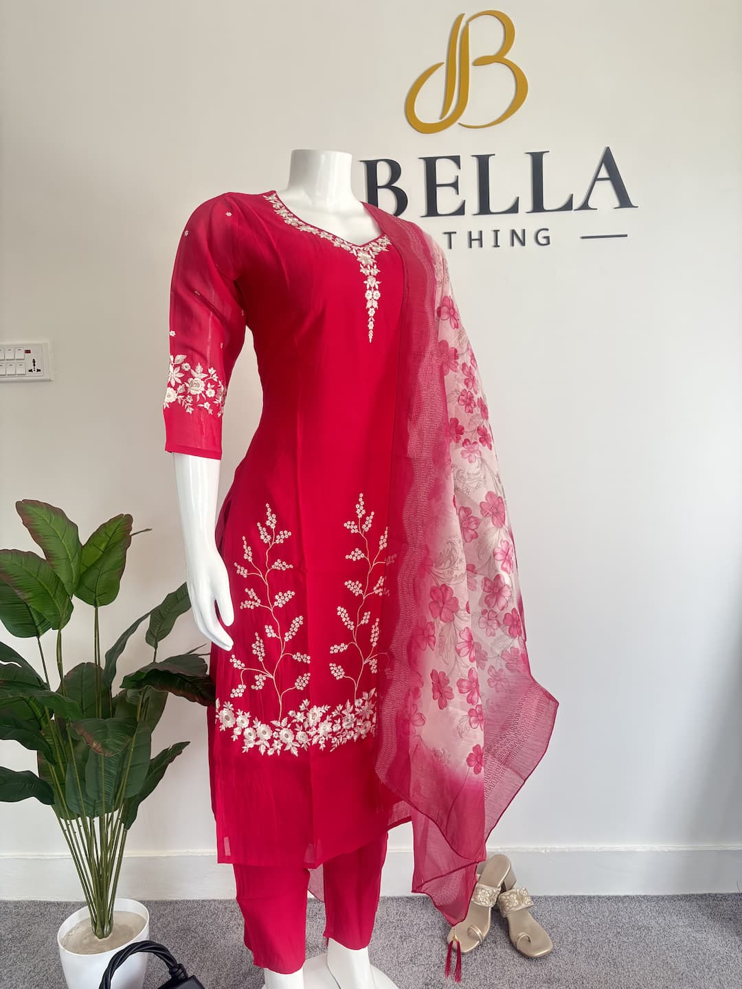 Dark Pink Mul Chanderi White Embroidery