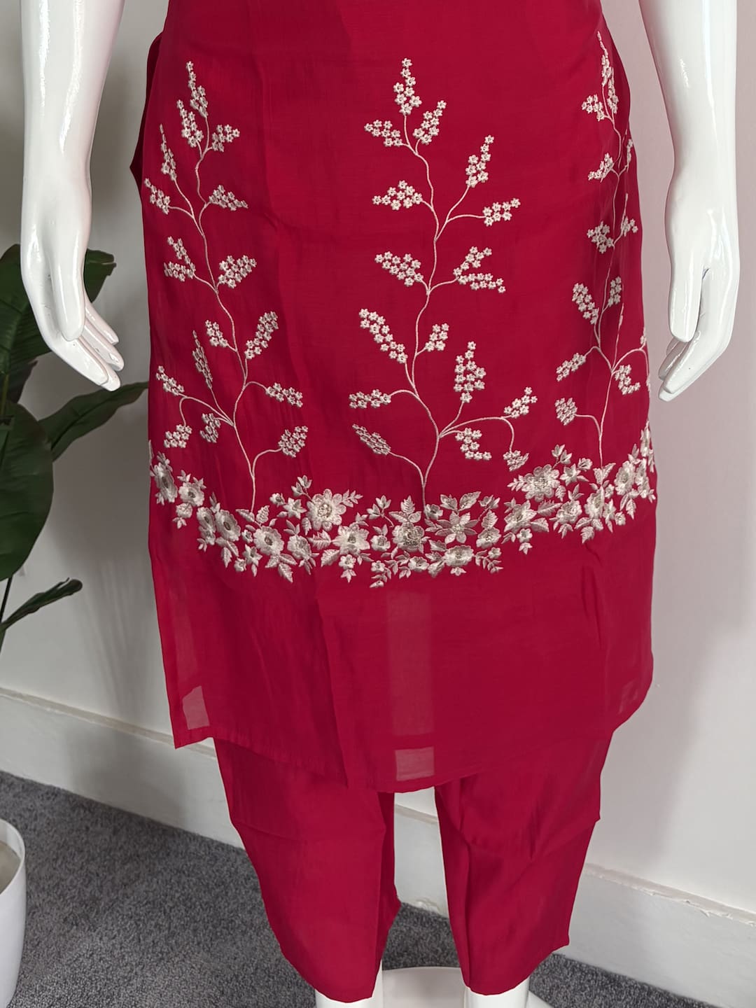 Dark Pink Mul Chanderi White Embroidery
