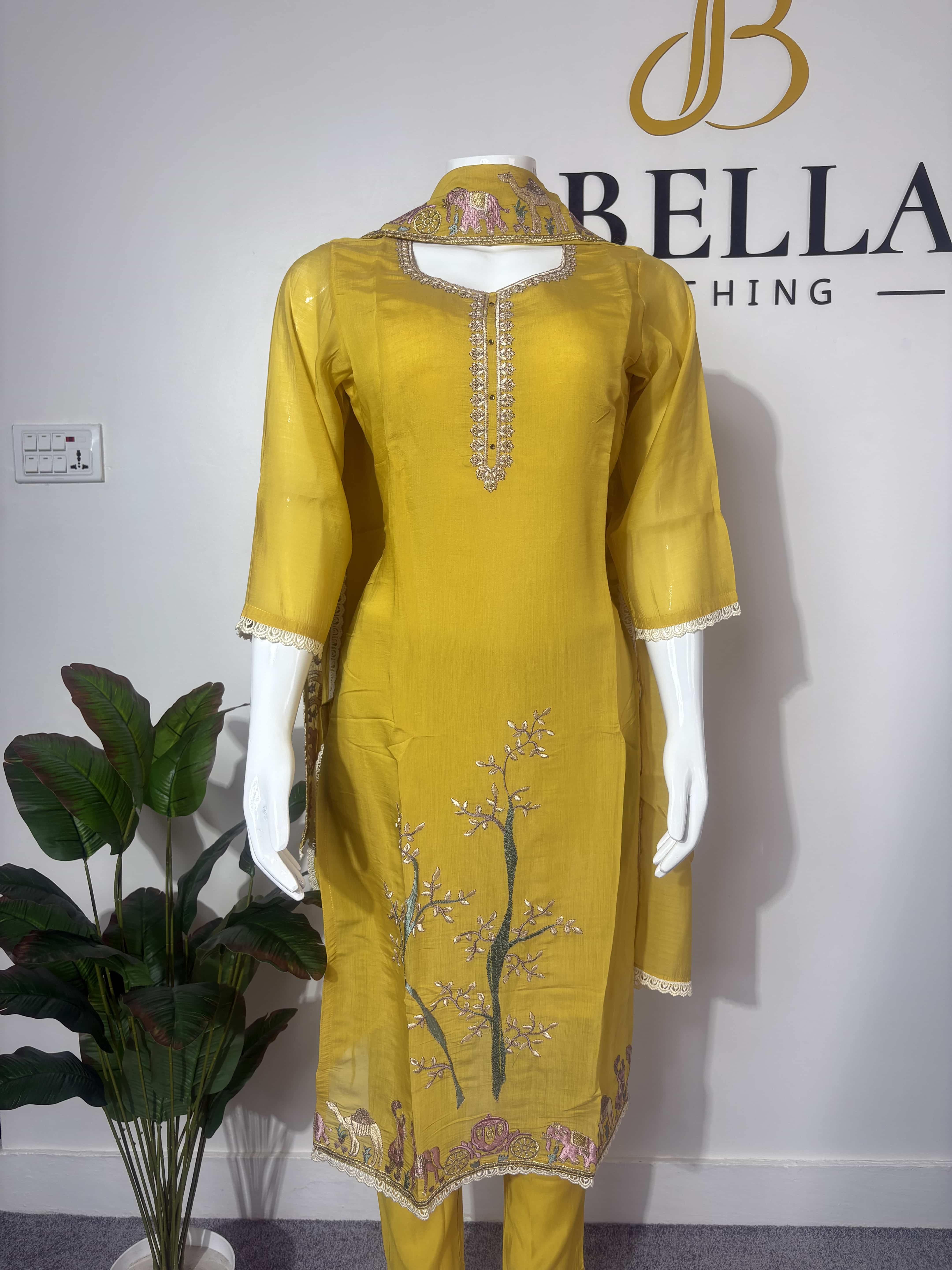 Yellow Cotton Embroidered Kurtha Set with Cotton Dupatta for Women