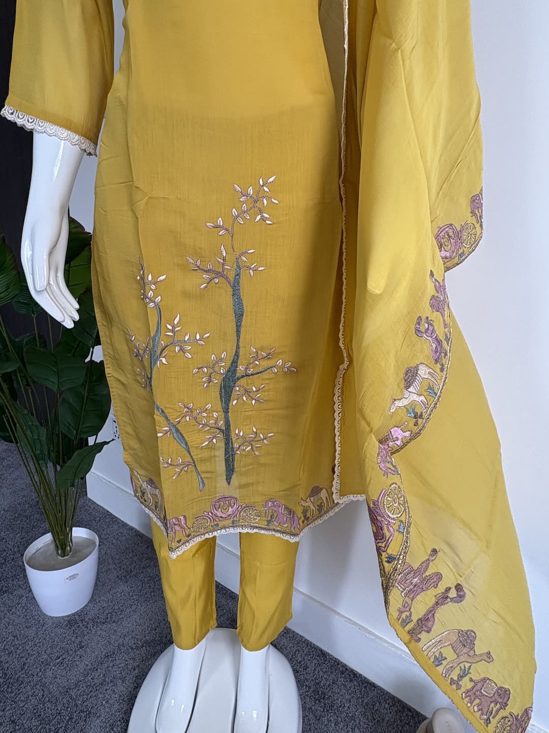 Yellow Cotton Embroidered Kurtha Set with Cotton Dupatta for Women